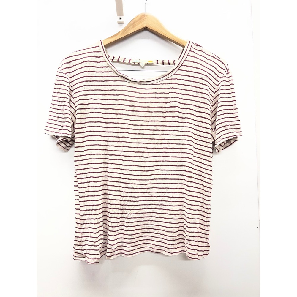 C&C California Womens Medium Striped Short Sleeve Open Back T-Shirt Maroon Cream